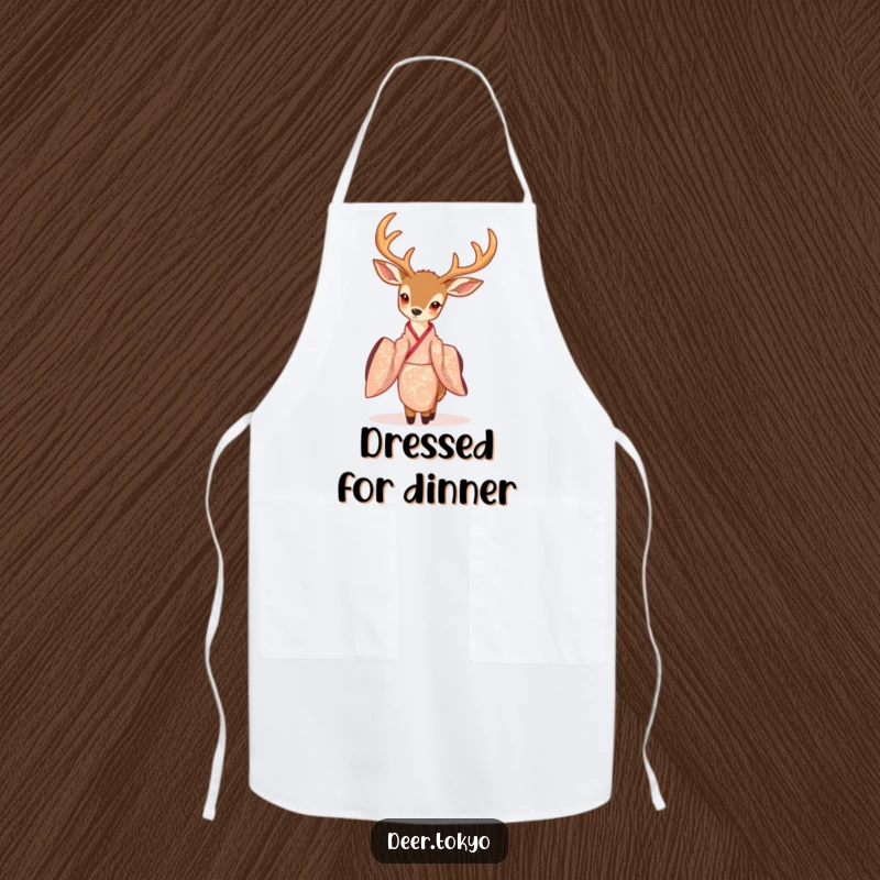 Deer in a flowing, intricately patterned kimono, featured on a functional kitchen apron, blending art and practicality.