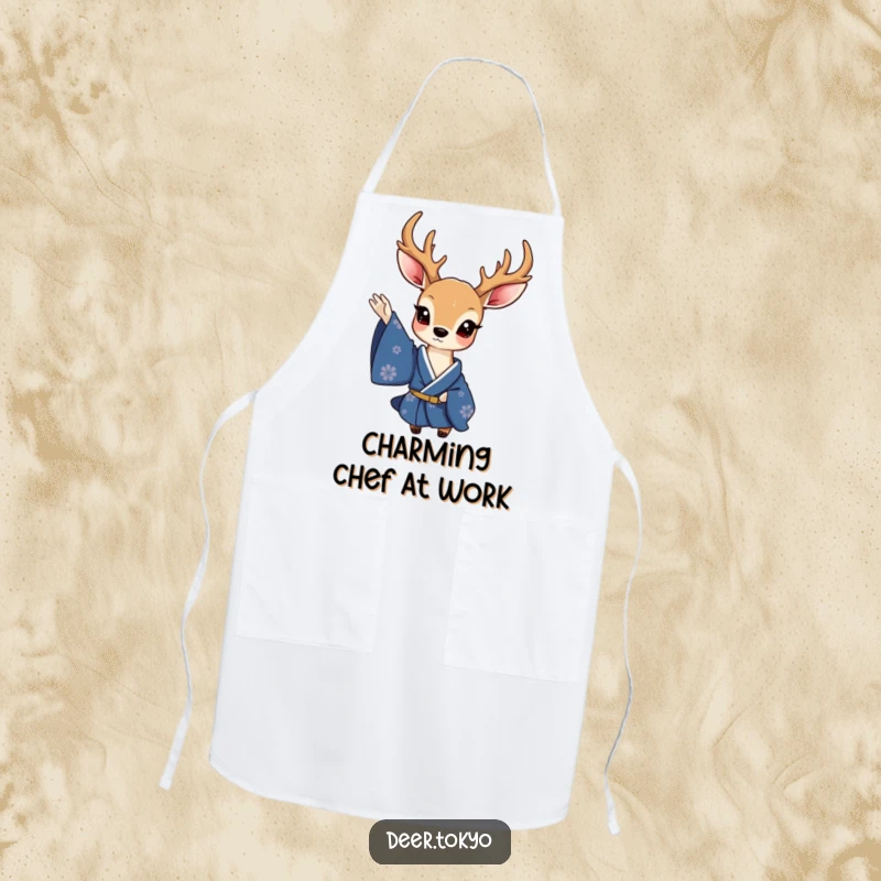 Funny apron featuring a charming deer in a deep blue kimono, waving a delicate sleeve, adding elegant humor to cooking tasks.