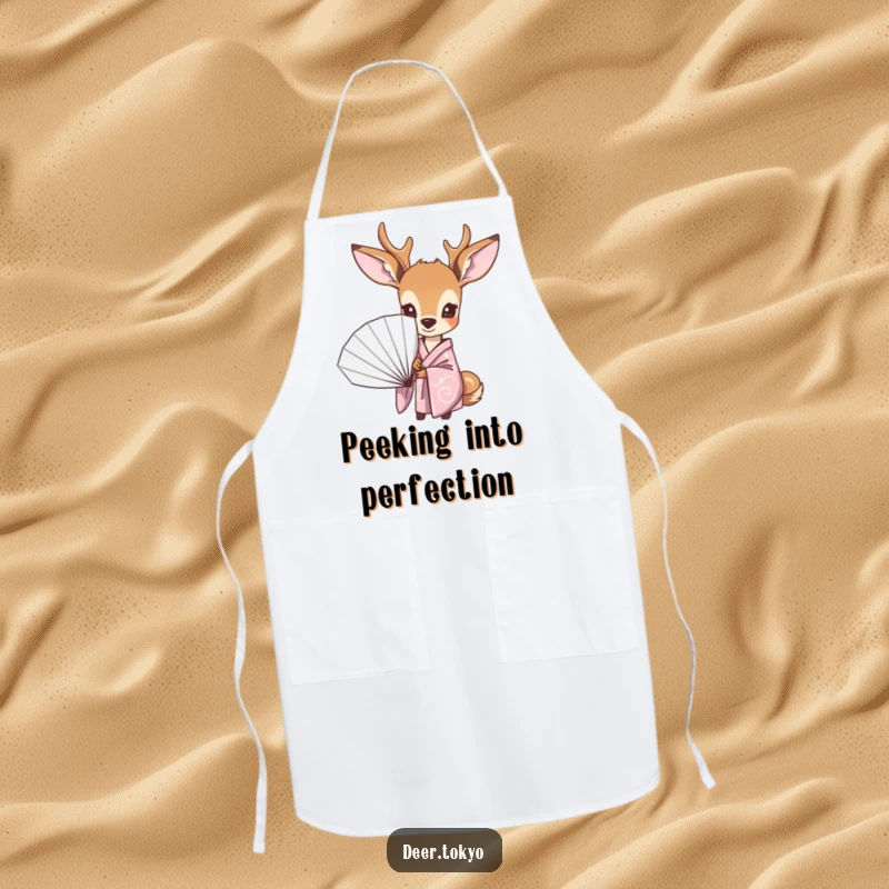 Funny apron featuring a curious deer in a pastel kimono, peeking from behind a fan, perfect for adding humor to cooking and baking.