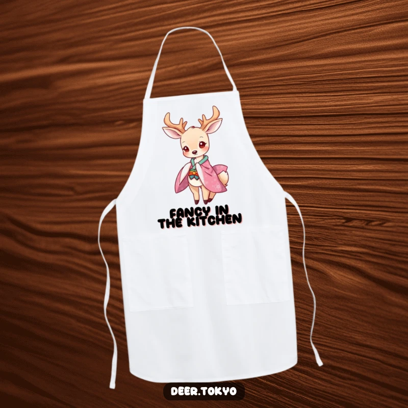 Funny apron showing a graceful deer in a vibrant kimono bowing playfully, perfect for kitchen tasks with elegance.