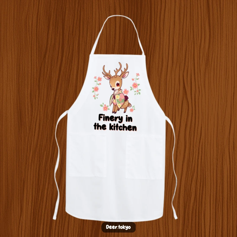 Funny apron with a deer wearing a floral kimono, head dipped gracefully. Kitchen elegance.