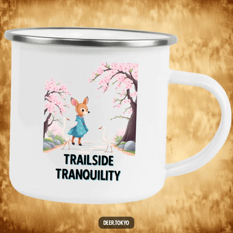 Funny camping mug of a deer in a blue kimono with cranes, walking through cherry blossoms. Outdoor art.