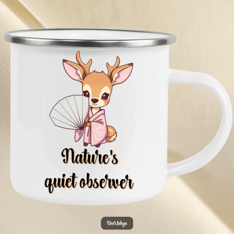 Funny camping mug with a curious deer in a pastel kimono, peeking from behind a fan, adding charm to outdoor drinks and travels.