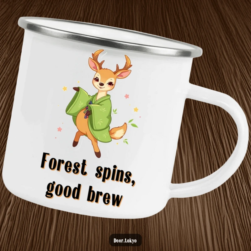Funny Green Kimono Deer Camping Mug: A deer in a green kimono with bamboo patterns happily twirls, perfect for funny outdoor enjoyment.