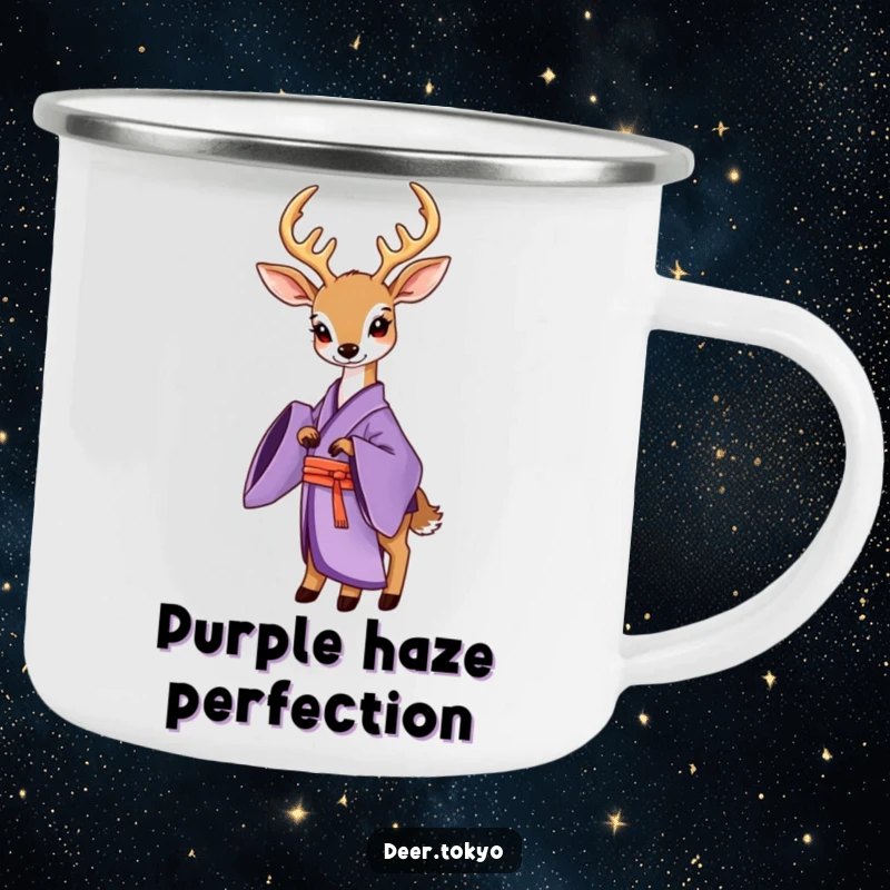 Funny Purple Kimono Deer Camping Mug: An elegant deer in a purple kimono, perfect for stylish and funny outdoor drinks.
