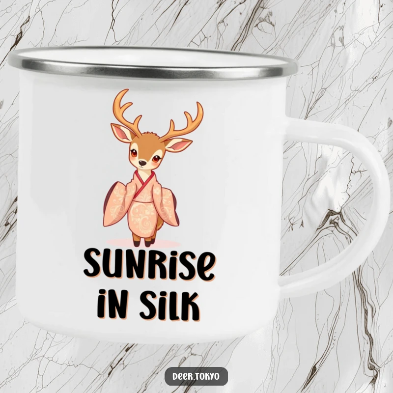 A graceful deer in a patterned kimono, depicted on a sturdy camping mug, adding elegance to outdoor activities.