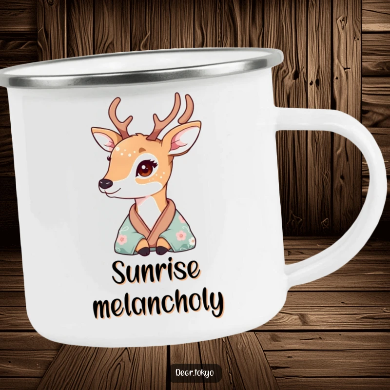 A deer with delicate floral fur patterns looking wistfully from a silk kimono, depicted on a rugged camping mug.