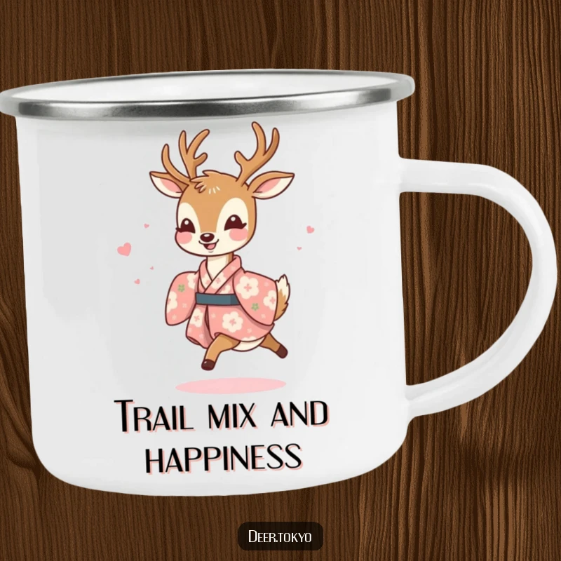 Funny camping mug with a joyful deer in a floral kimono, prancing lightly, perfect for outdoor drinks and spreading cheer.