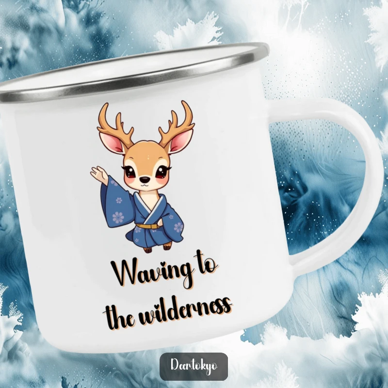 Funny camping mug with a charming deer in a deep blue kimono, waving a delicate sleeve, perfect for elegant outdoor drinks.