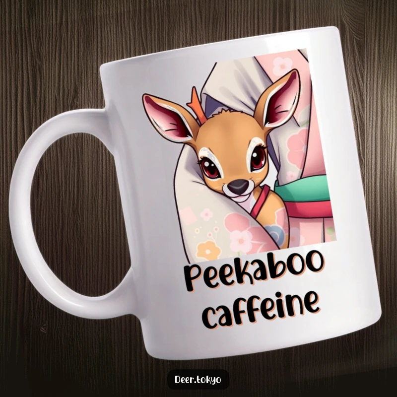 Deer with wide, curious eyes peeking playfully from under a vibrant kimono sleeve, featured on a mug.