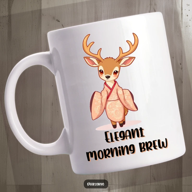Charming deer with delicate antlers, elegantly posed in a flowing, intricate kimono, depicted on a ceramic mug.