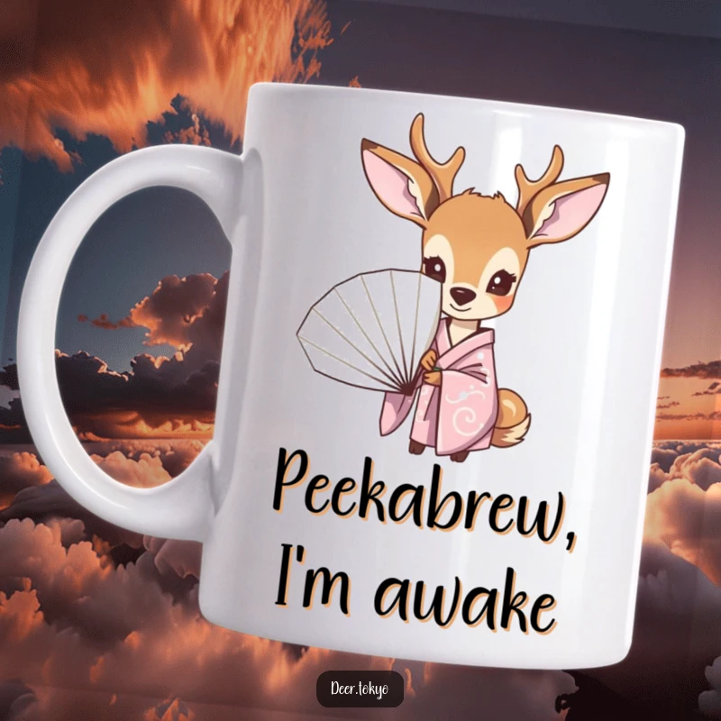 Funny mug showcasing a curious deer in a pastel kimono, shyly peeking from behind a decorative fan, conveying playful mystery.