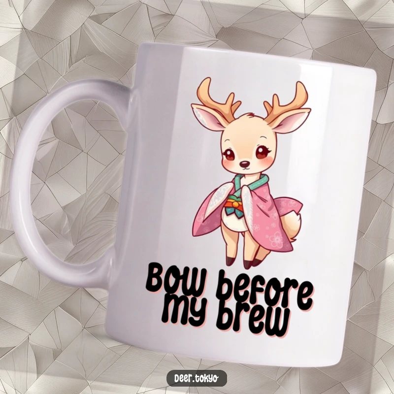 Funny mug featuring a graceful deer in a vibrant kimono bowing playfully, a stylish and humorous gift.