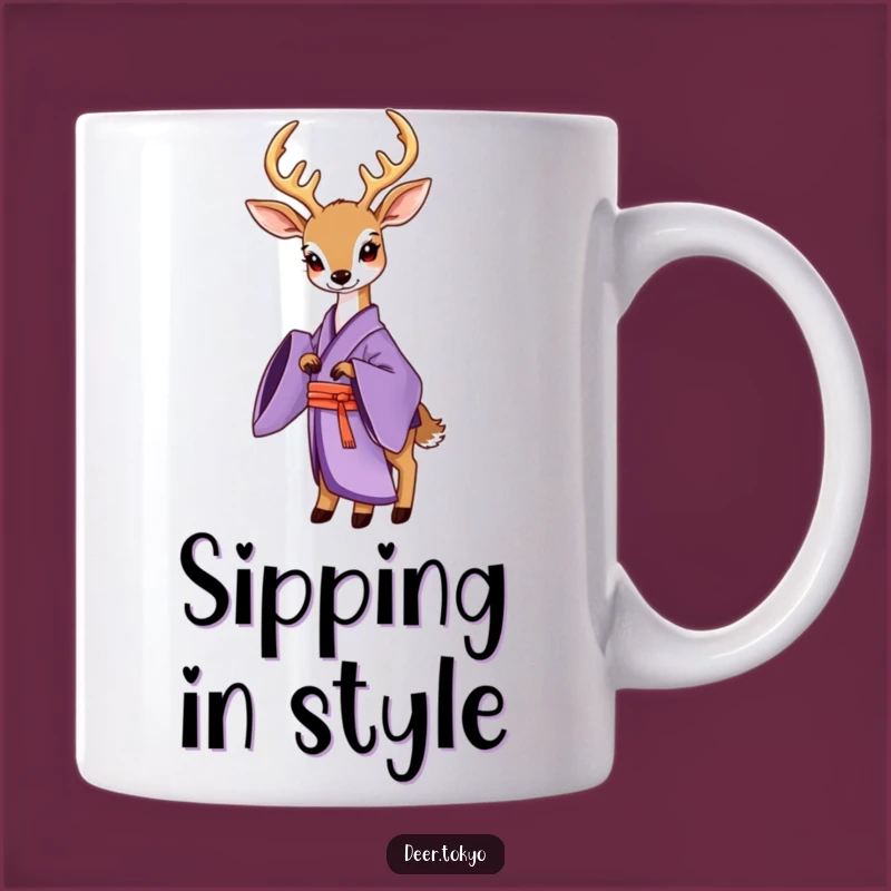 Funny Purple Kimono Deer Mug: Elegant Pose, Stylish Art, Perfect Gift