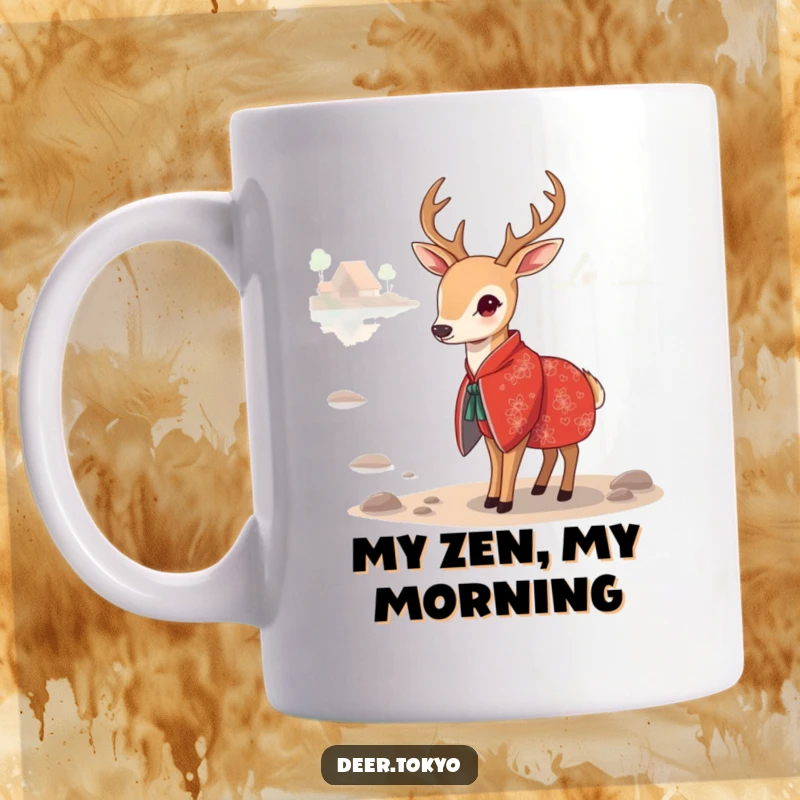 Funny Red Kimono Deer Mug: A graceful deer in a detailed red kimono stands peacefully beside a tranquil lake, serene and artistic.