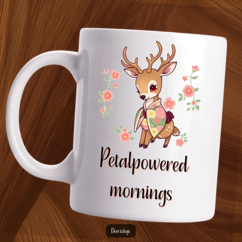 Funny mug of a deer wearing a vibrant floral kimono, gracefully dipping its head in a peaceful pose. Elegant gift.