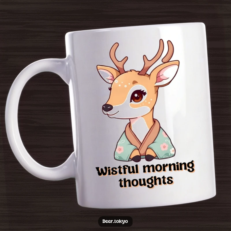 Deer with delicate floral fur patterns looking wistfully from a silk kimono, depicted on a ceramic mug.
