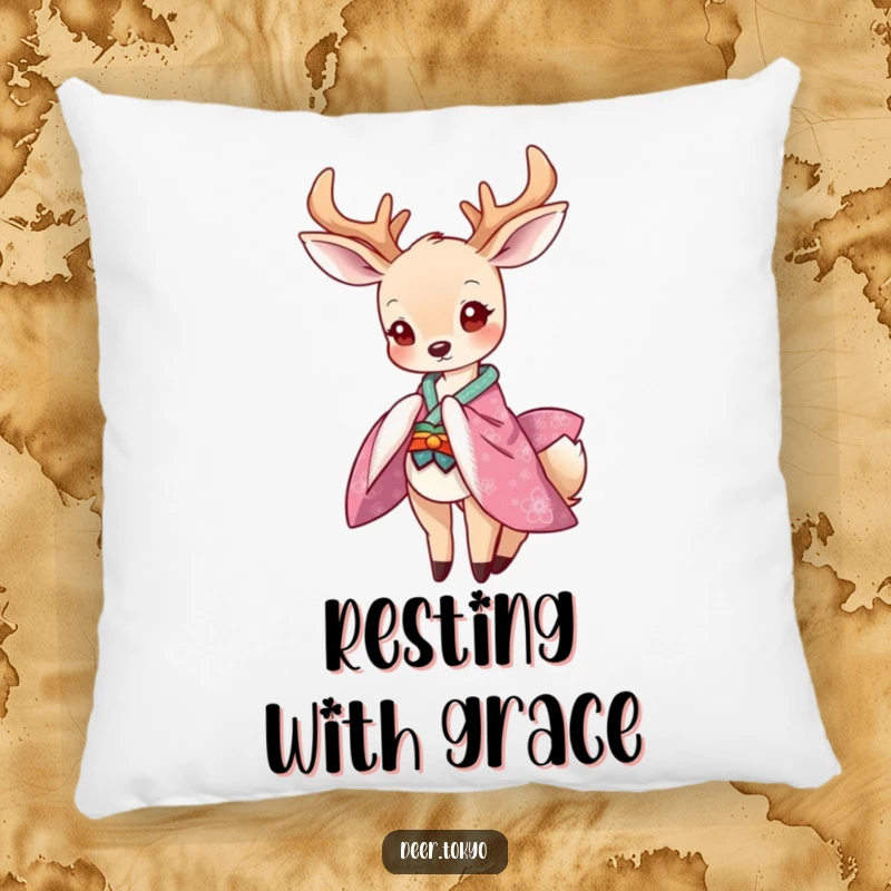Funny pillow featuring a graceful deer in a vibrant kimono bowing playfully, offering cozy comfort and elegant charm.