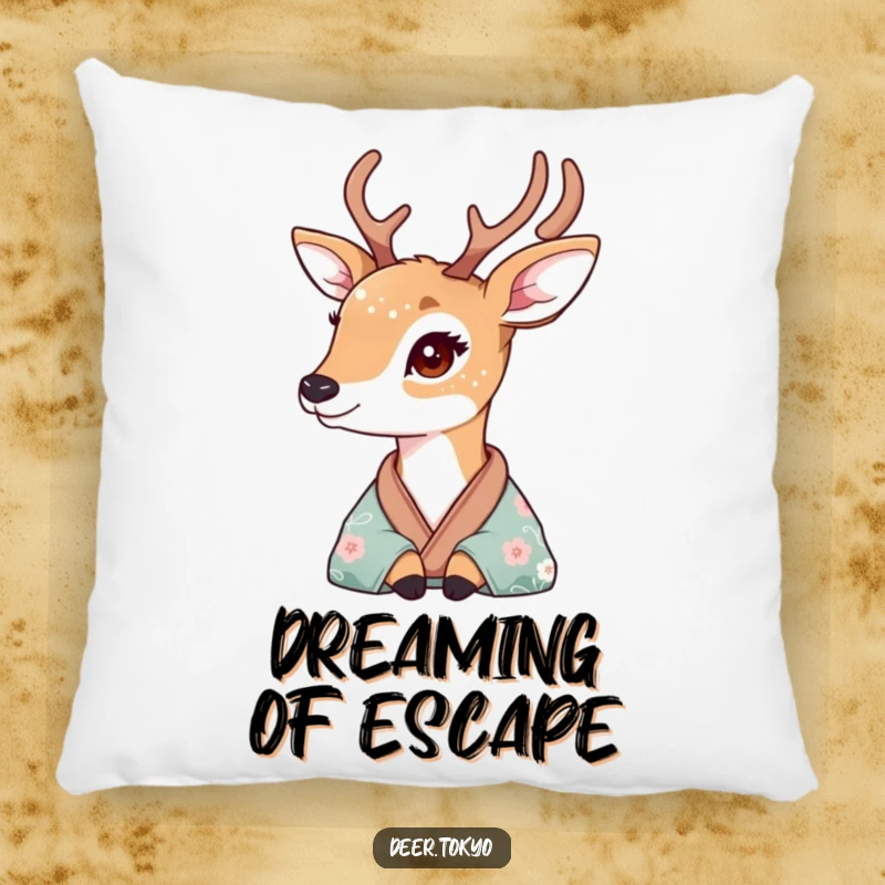 A deer with delicate floral fur patterns looking wistfully from a silk kimono, depicted on a plush and decorative pillow.