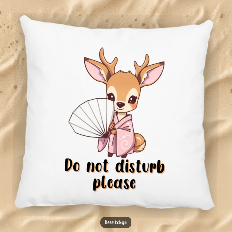 Funny pillow with a curious deer in a pastel kimono, peeking from behind a fan, offering plush comfort and a touch of humor.
