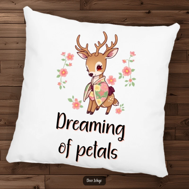 Funny pillow featuring a deer in a vibrant floral kimono, head gently bowed. Elegant comfort.