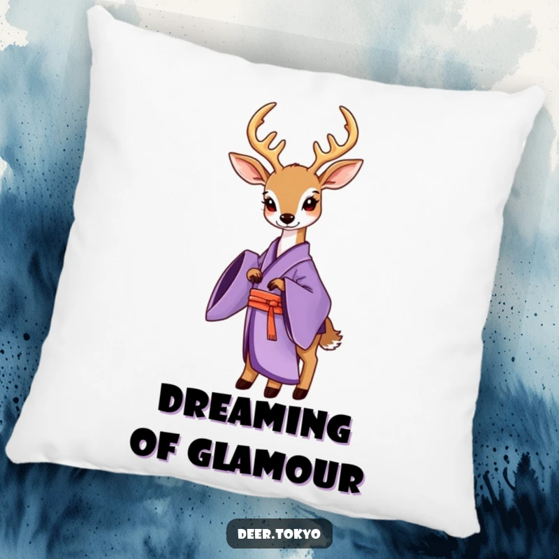 Funny Purple Kimono Deer Pillow: A decorative pillow with an elegant deer in a purple kimono, blending comfort and style.