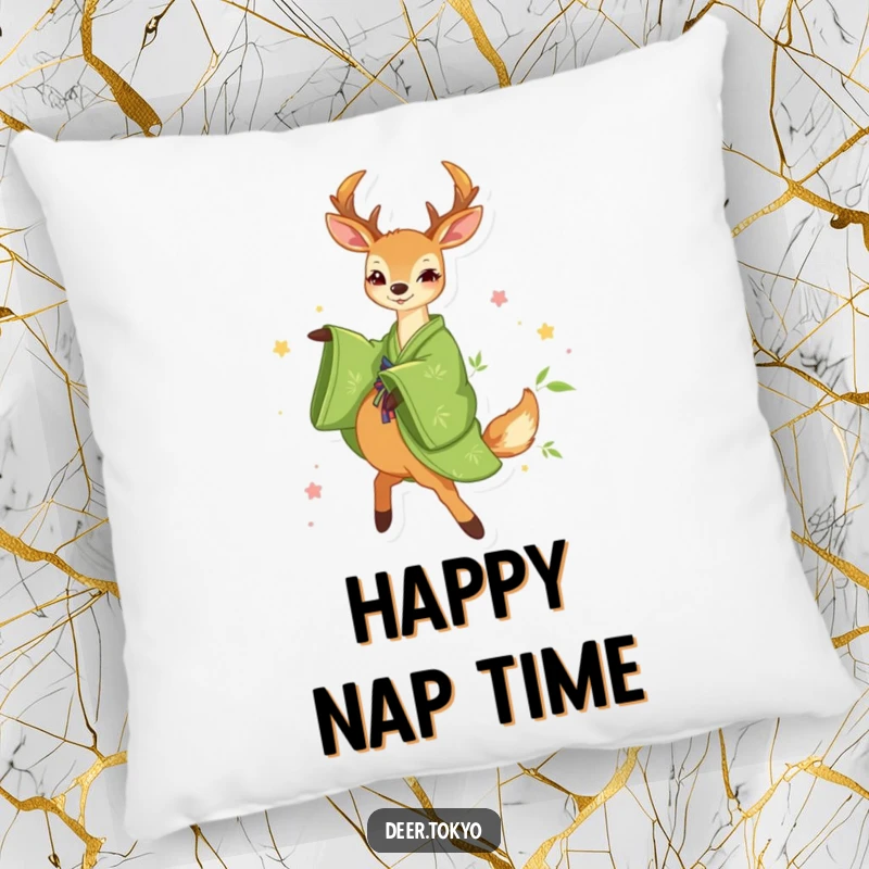 Funny Green Kimono Deer Pillow: A decorative pillow featuring a happy deer in a green kimono with bamboo motifs, blending comfort and art.