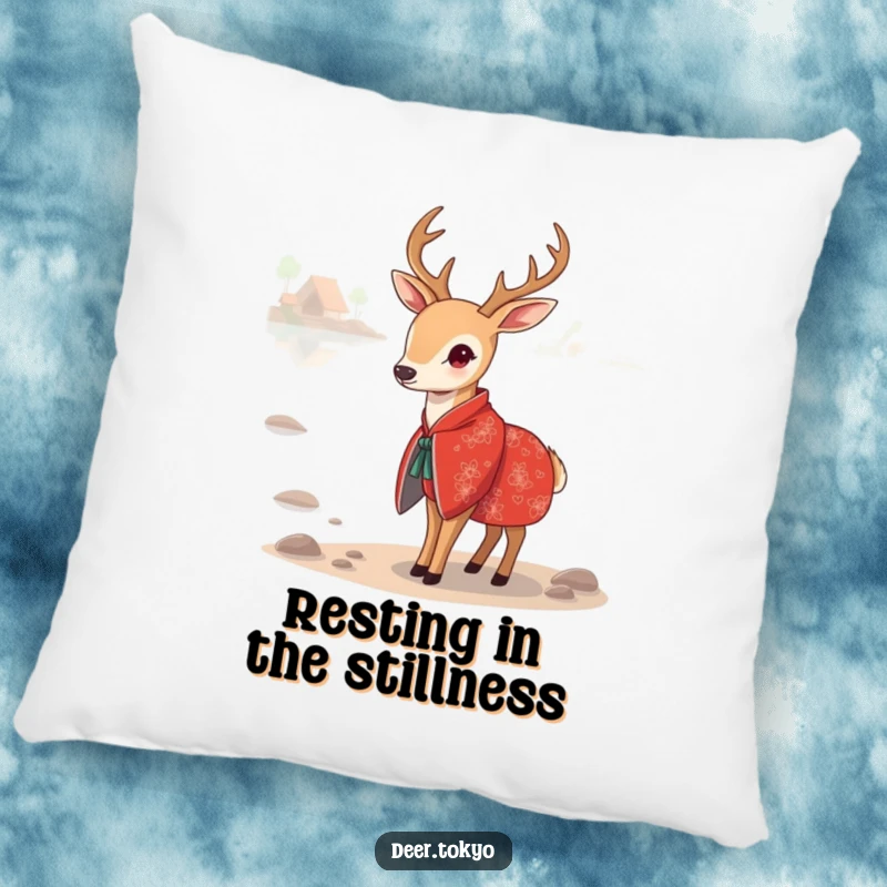 Funny Red Kimono Deer Pillow: A decorative pillow with a deer in a red kimono by a serene lake, blending comfort and art.