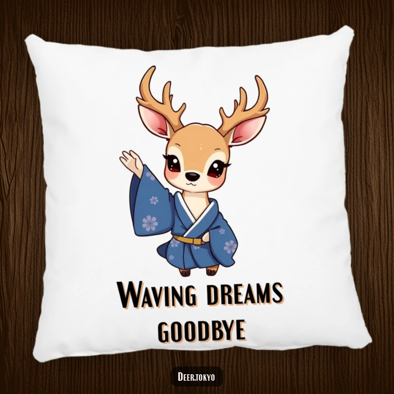 Funny pillow with a charming deer in a deep blue kimono, delicately waving a sleeve, offering plush comfort and elegant design.