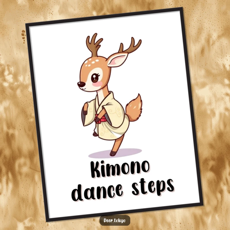 Deer playfully dancing lightly in a traditional Japanese kimono, downloadable digital art print for dynamic decor.