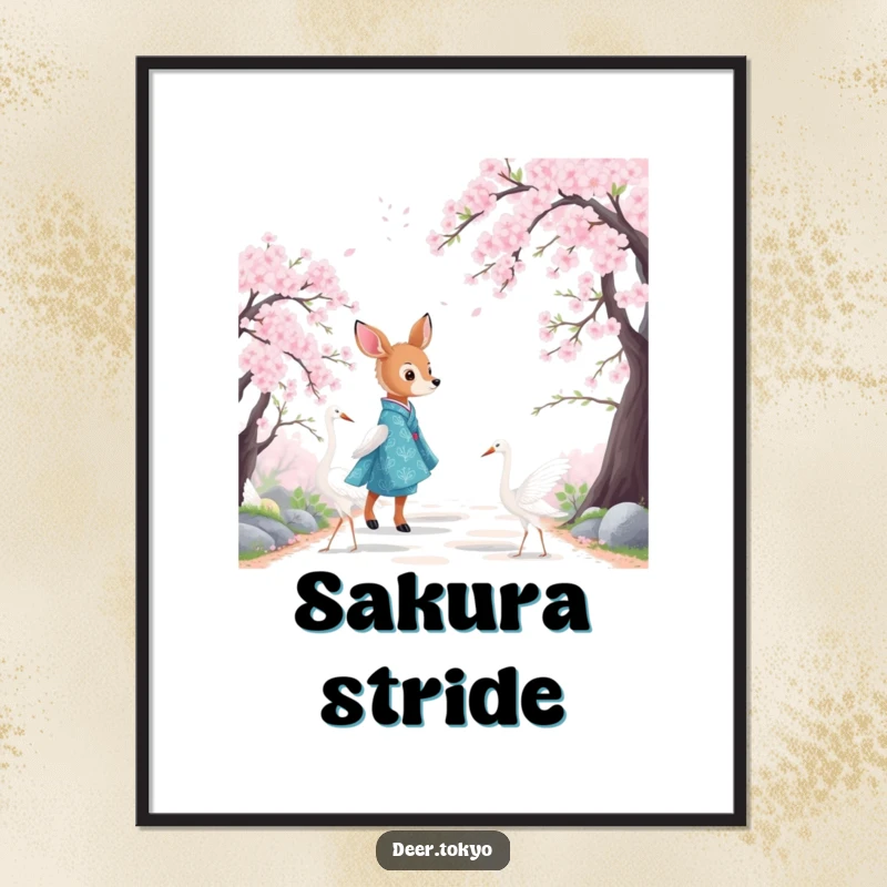 Funny digital art of a deer in a blue kimono with cranes, walking on a cherry blossom path. Serene wall art.