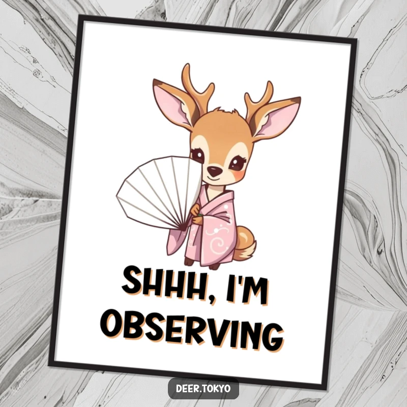 Funny digital art print of a curious deer in a pastel kimono, peeking from behind a fan, providing instant humorous wall decor.