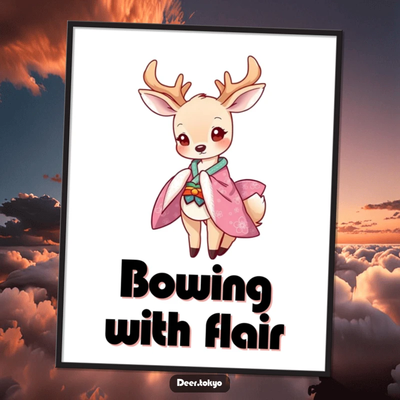 Funny digital art print of a graceful deer in a vibrant kimono bowing playfully, offering instant downloadable elegant charm.