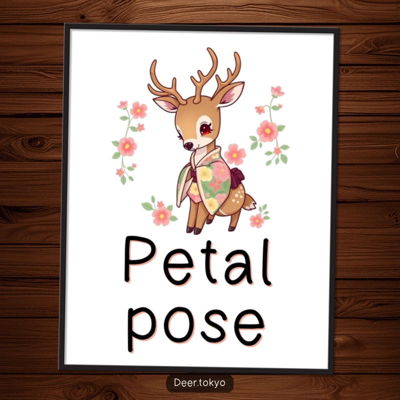 Funny digital art of a deer wearing a floral kimono, head dipped gracefully. Elegant wall art.
