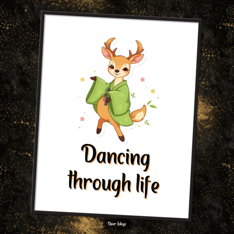 Funny Green Kimono Deer Digital Art: A deer in a green kimono with bamboo motifs happily twirls, a beautiful funny artwork.