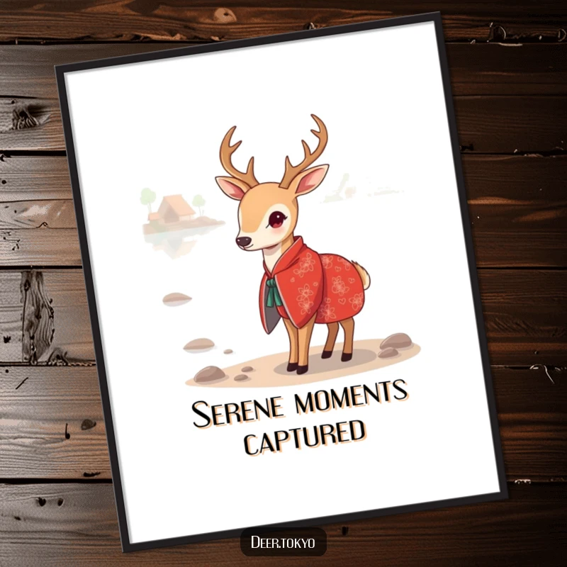 Funny Red Kimono Deer Digital Art: A deer in a red kimono by a calm lake, a beautiful and funny downloadable artwork.
