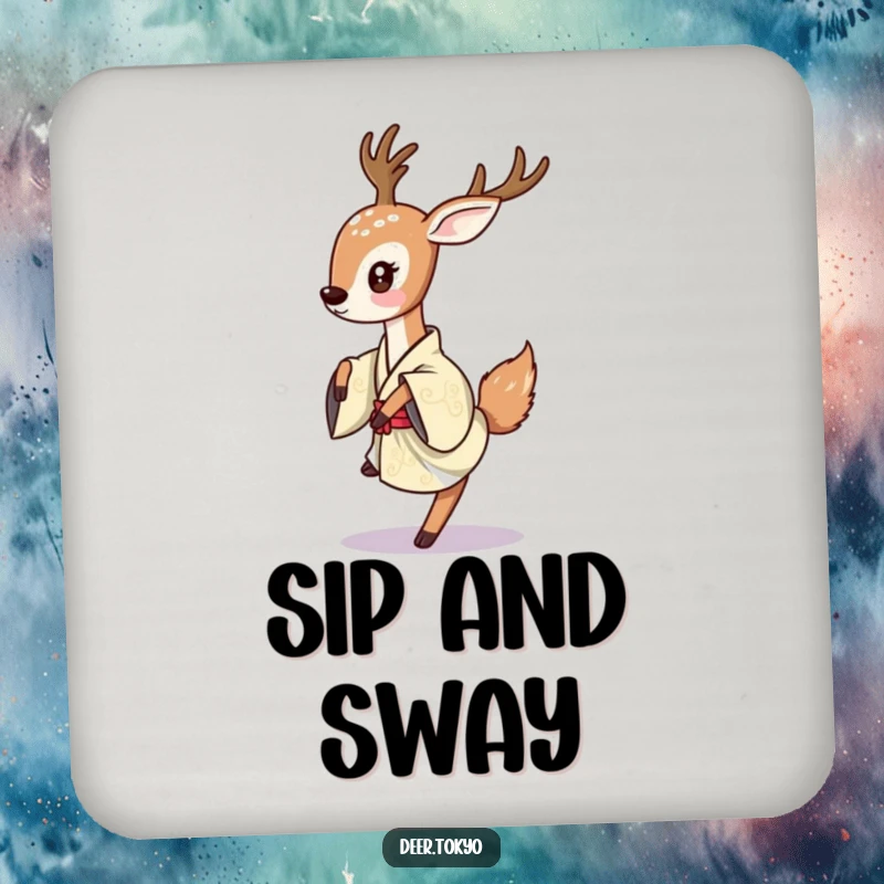 A deer playfully dancing in a traditional Japanese kimono, featured on a set of drink coasters.