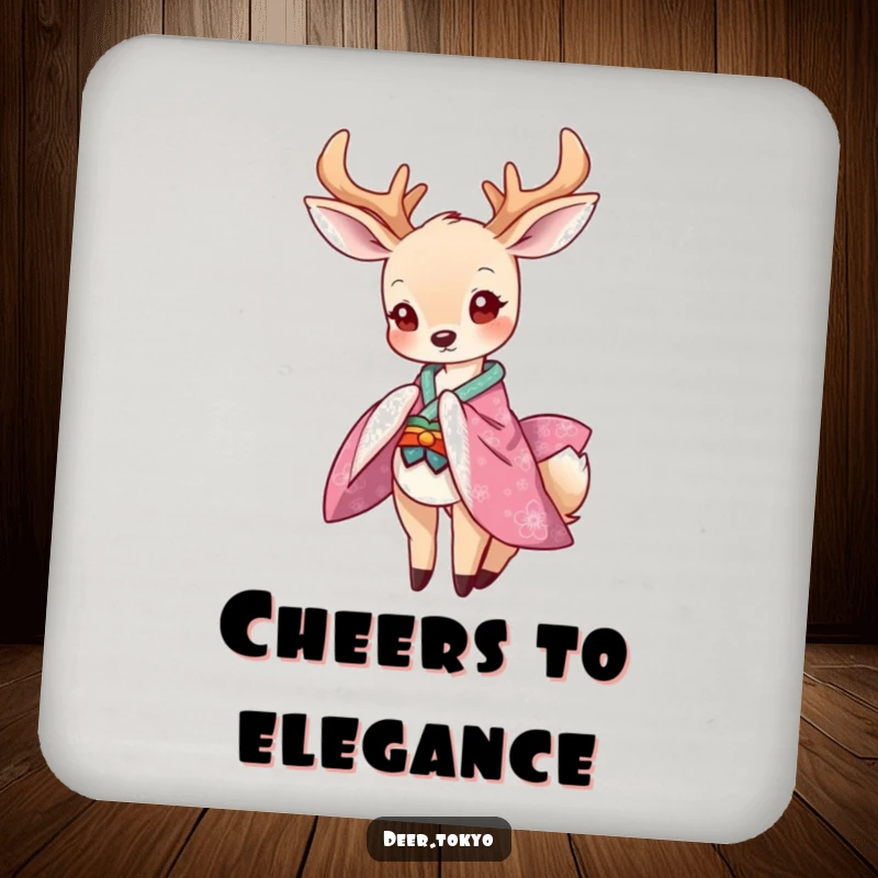 Funny coasters featuring a graceful deer in a vibrant kimono bowing playfully, providing stylish surface protection with charm.