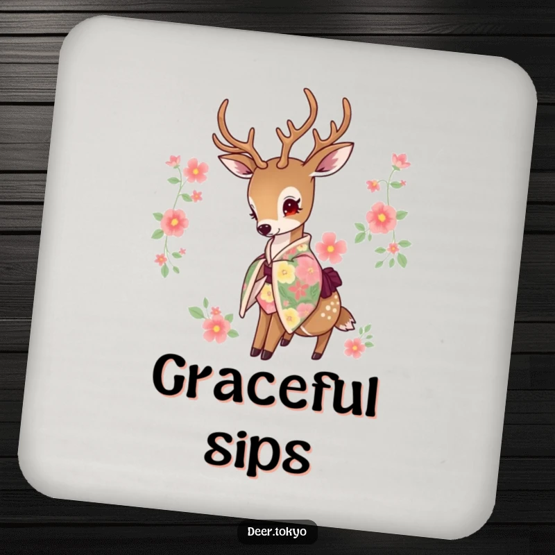 Funny drink coaster with a deer in a floral kimono, head bowed gracefully. Elegant protection.