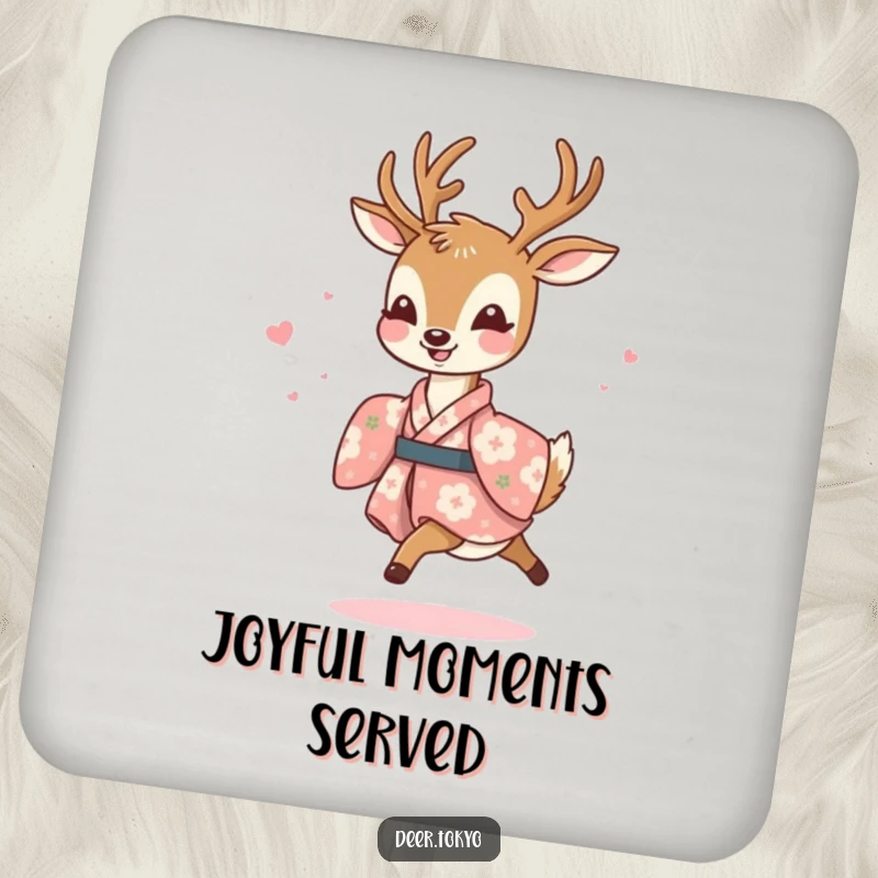Funny coaster featuring a joyful deer in a floral kimono, prancing lightly, adding cheerful protection to surfaces.