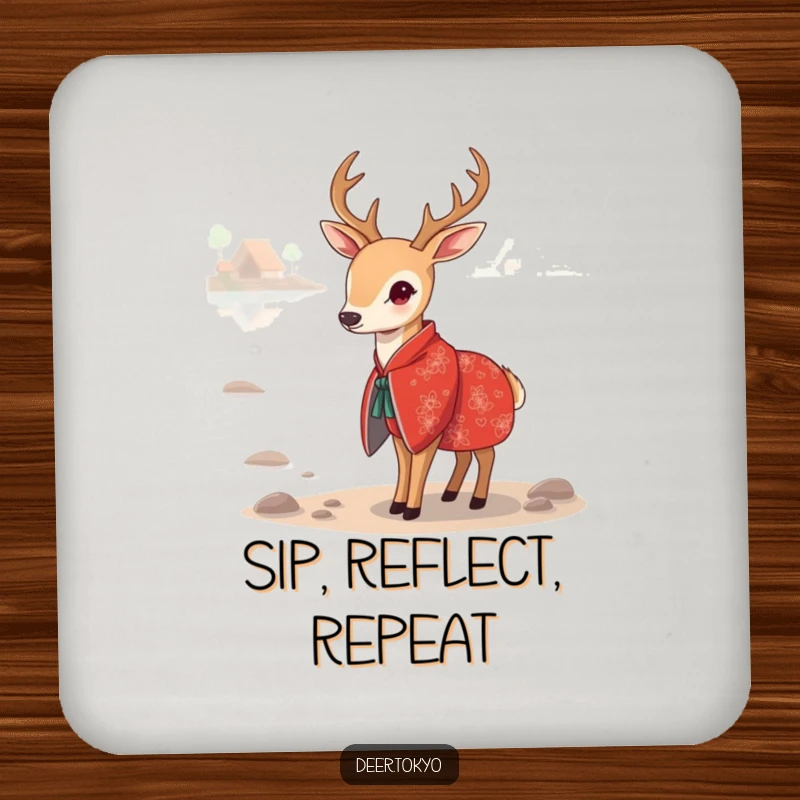 Funny Red Kimono Deer Coaster: A deer in a red kimono by a calm lake, offering stylish and funny surface protection.