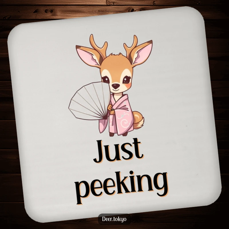 Funny coaster featuring a curious deer in a pastel kimono, peeking from behind a fan, offering surface protection with a humorous design.