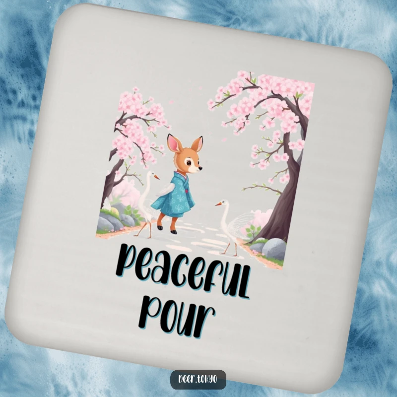 Funny drink coaster with a deer in a blue kimono with cranes, on a cherry blossom path. Artistic protection.