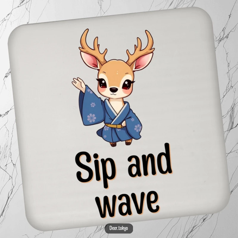 Funny coaster featuring a charming deer in a deep blue kimono, waving a delicate sleeve, offering elegant surface protection.