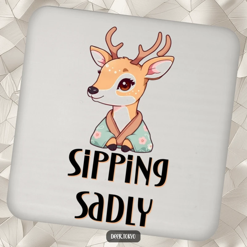 A deer with delicate floral fur patterns looking wistfully from a silk kimono, featured on a set of drink coasters.