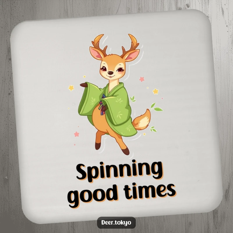 Funny Green Kimono Deer Coaster: A deer in a green kimono with bamboo patterns happily twirls, offering fun and funny surface protection.
