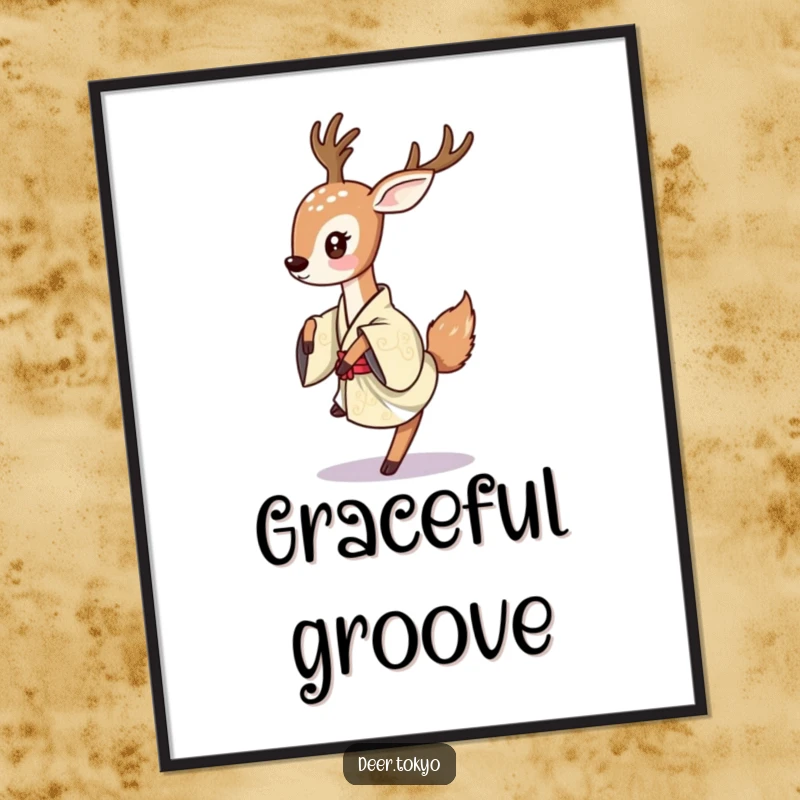 Deer playfully dancing lightly in a traditional Japanese kimono, depicted as a dynamic art poster.