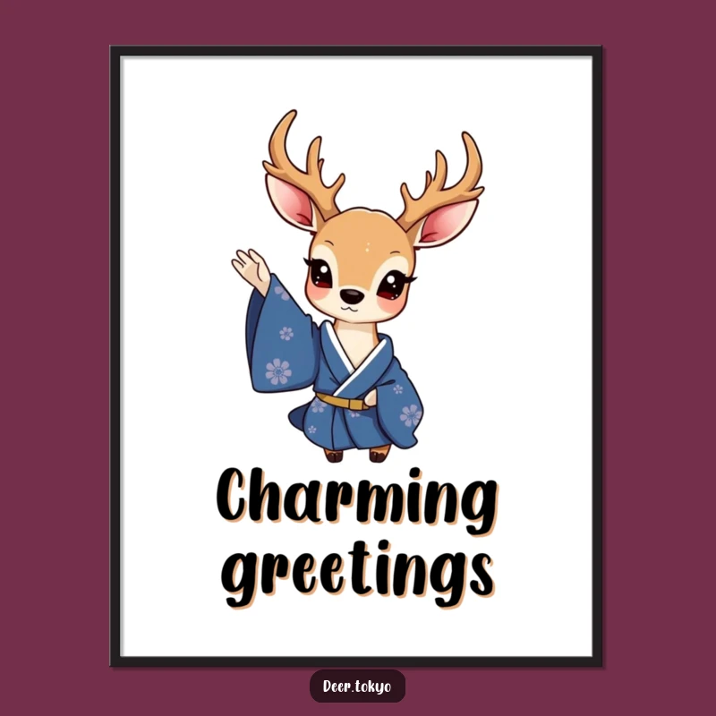 Funny Charming Deer Blue Kimono Poster - Elegant & Humorous Wall Art
