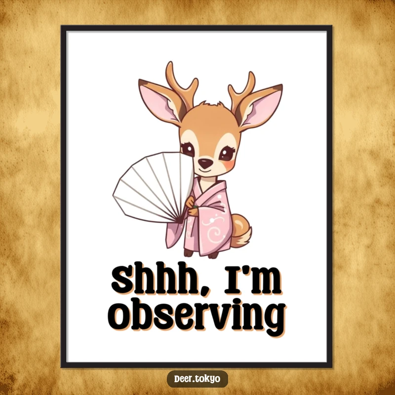 Funny poster of a curious deer in a pastel kimono, peeking mysteriously from behind a fan, adding whimsical decor to any space.