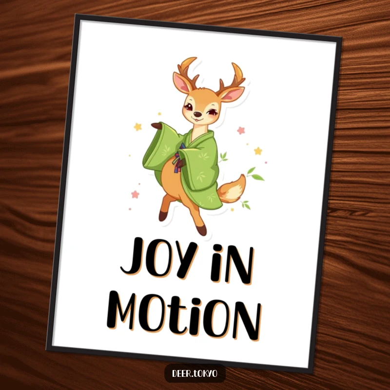 Funny Green Kimono Deer Poster: A deer in a green kimono with bamboo motifs joyfully twirls, creating a vibrant and happy art piece.